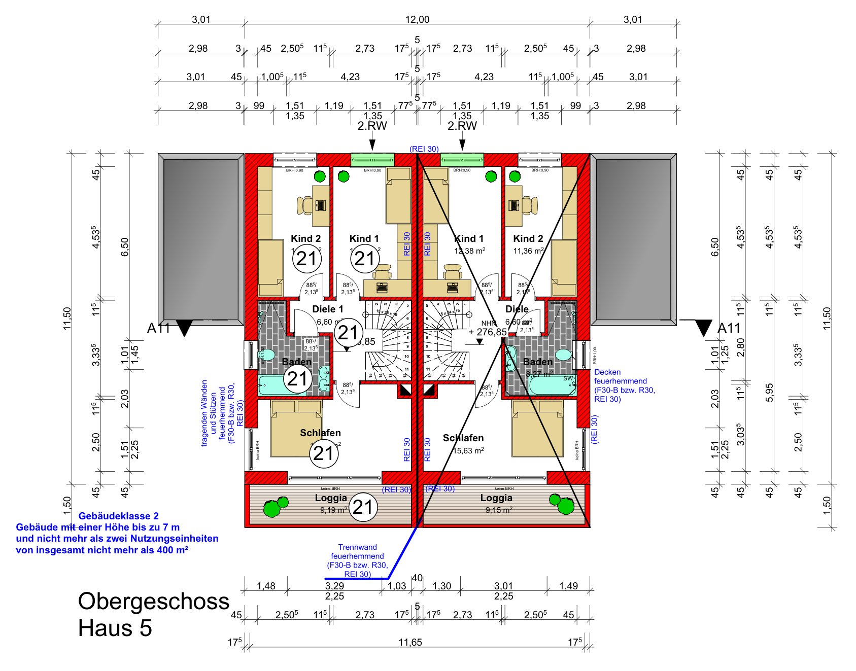 Originalgrundriss Obergeschoss, Haus 5 und benachbarte Haushälfte